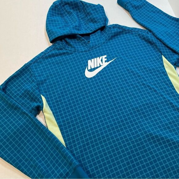 Nike Hoodie Teal Blue Green Grid Windowpane Pattern Kangaroo Pocket, Youth XL - Picture 4 of 10